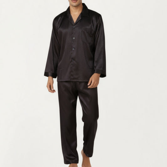 Anna-Kaci Men's 2-Piece Set Satin Pajamas with Subtle Stripe Pattern and Button-Up Top