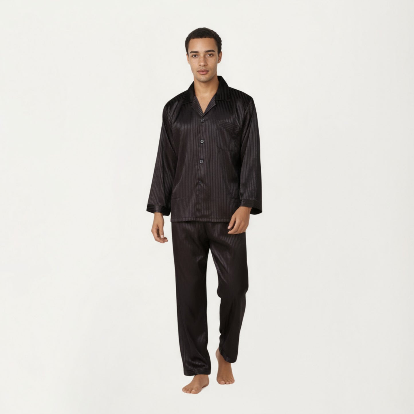 Anna-Kaci Men's 2-Piece Set Satin Pajamas with Subtle Stripe Pattern and Button-Up Top