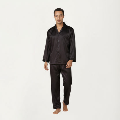 Anna-Kaci Men's 2-Piece Set Satin Pajamas with Subtle Stripe Pattern and Button-Up Top