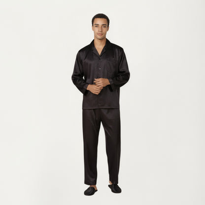 Anna-Kaci Men's 2-Piece Set Satin Pajamas with Subtle Stripe Pattern and Button-Up Top