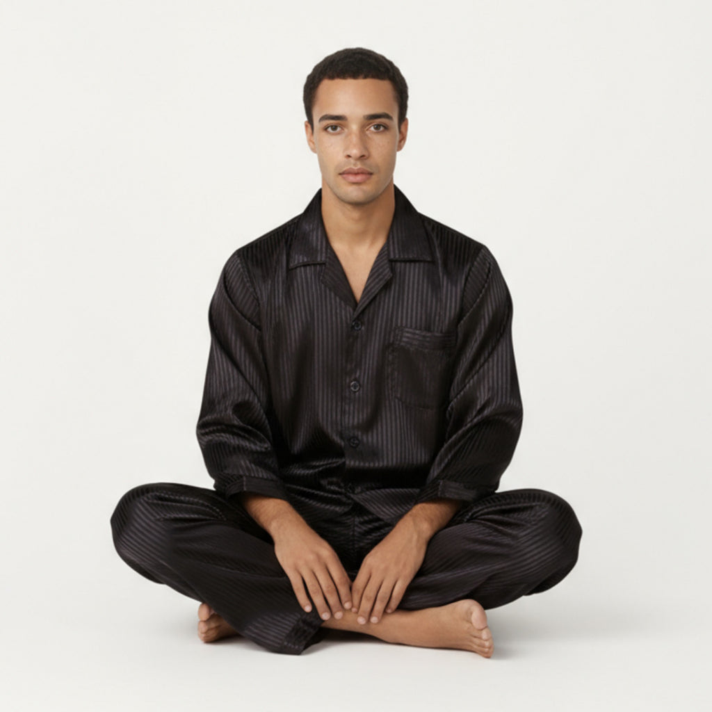Anna-Kaci Men's 2-Piece Set Satin Pajamas with Subtle Stripe Pattern and Button-Up Top
