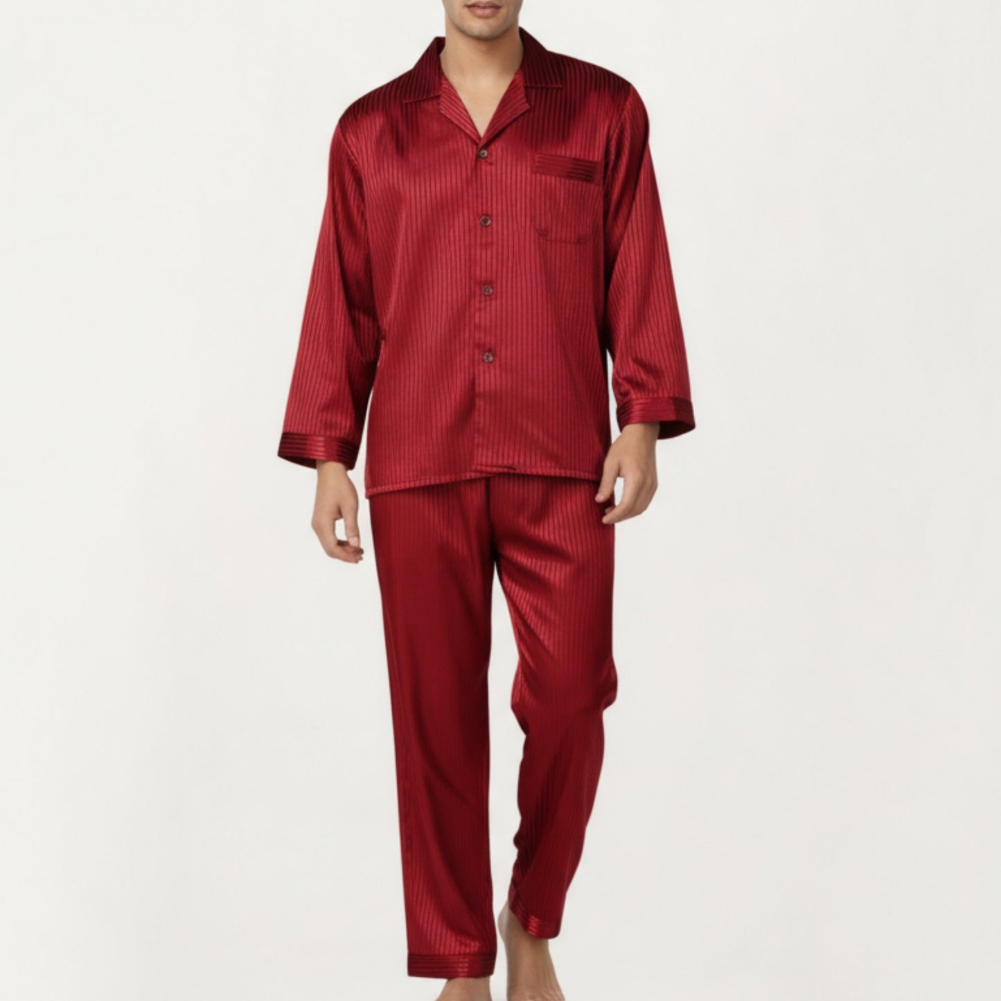 Anna-Kaci Men's 2-Piece Set Satin Pajamas with Subtle Stripe Pattern and Button-Up Top