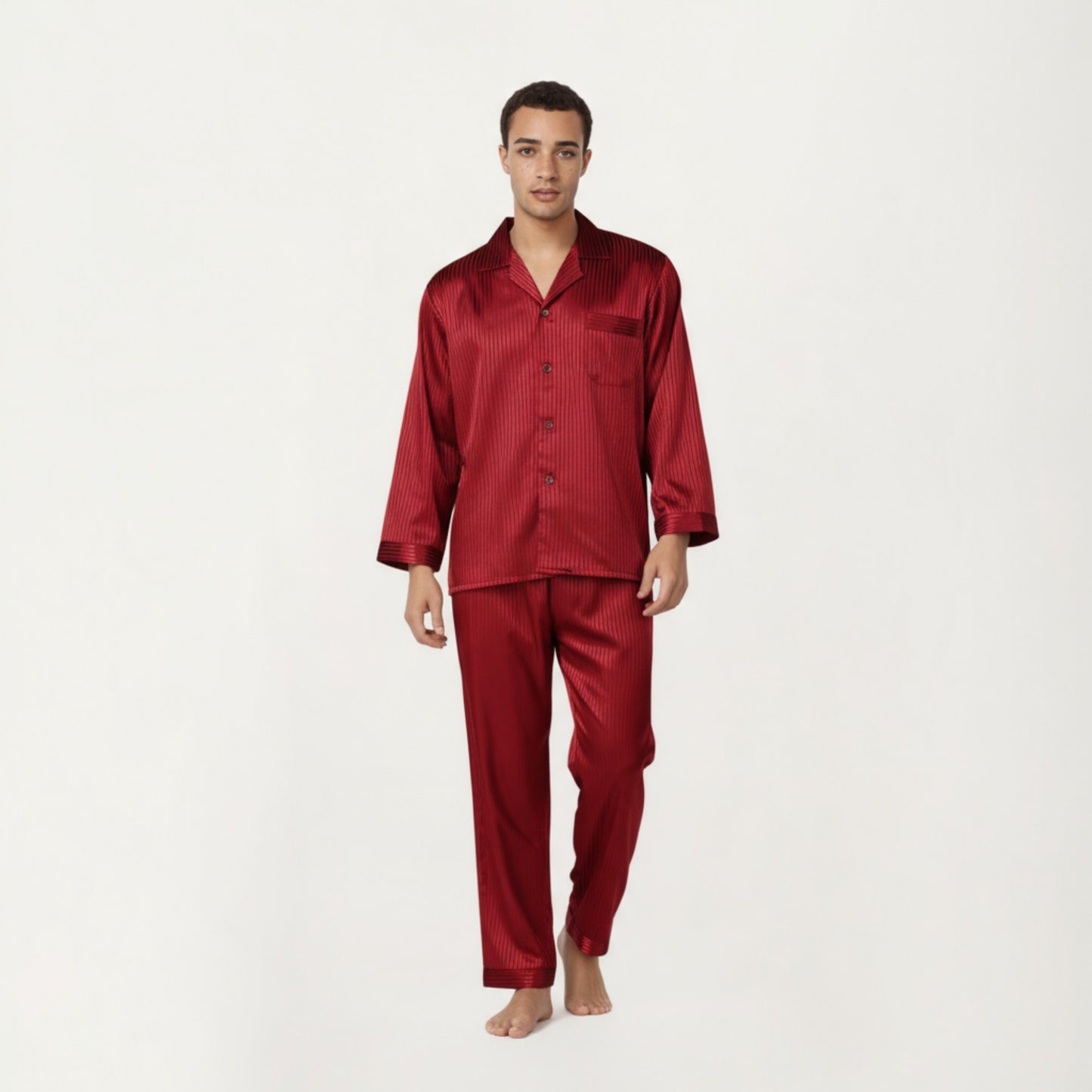 Anna-Kaci Men's 2-Piece Set Satin Pajamas with Subtle Stripe Pattern and Button-Up Top