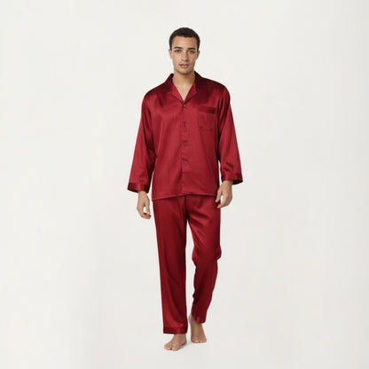 Anna-Kaci Men's 2-Piece Set Satin Pajamas with Subtle Stripe Pattern and Button-Up Top