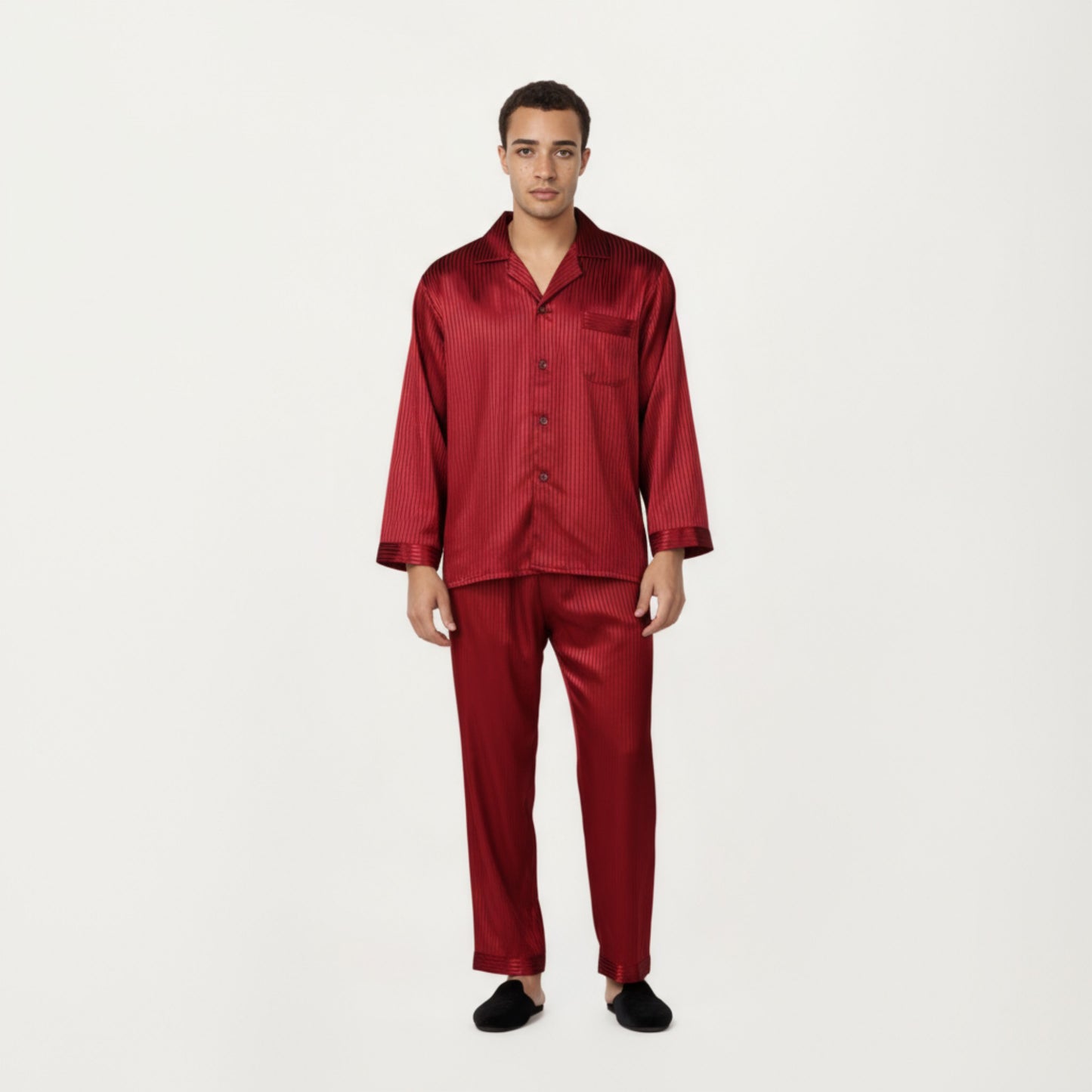 Anna-Kaci Men's 2-Piece Set Satin Pajamas with Subtle Stripe Pattern and Button-Up Top