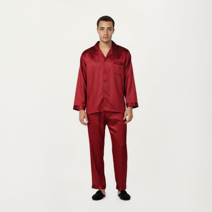 Anna-Kaci Men's 2-Piece Set Satin Pajamas with Subtle Stripe Pattern and Button-Up Top