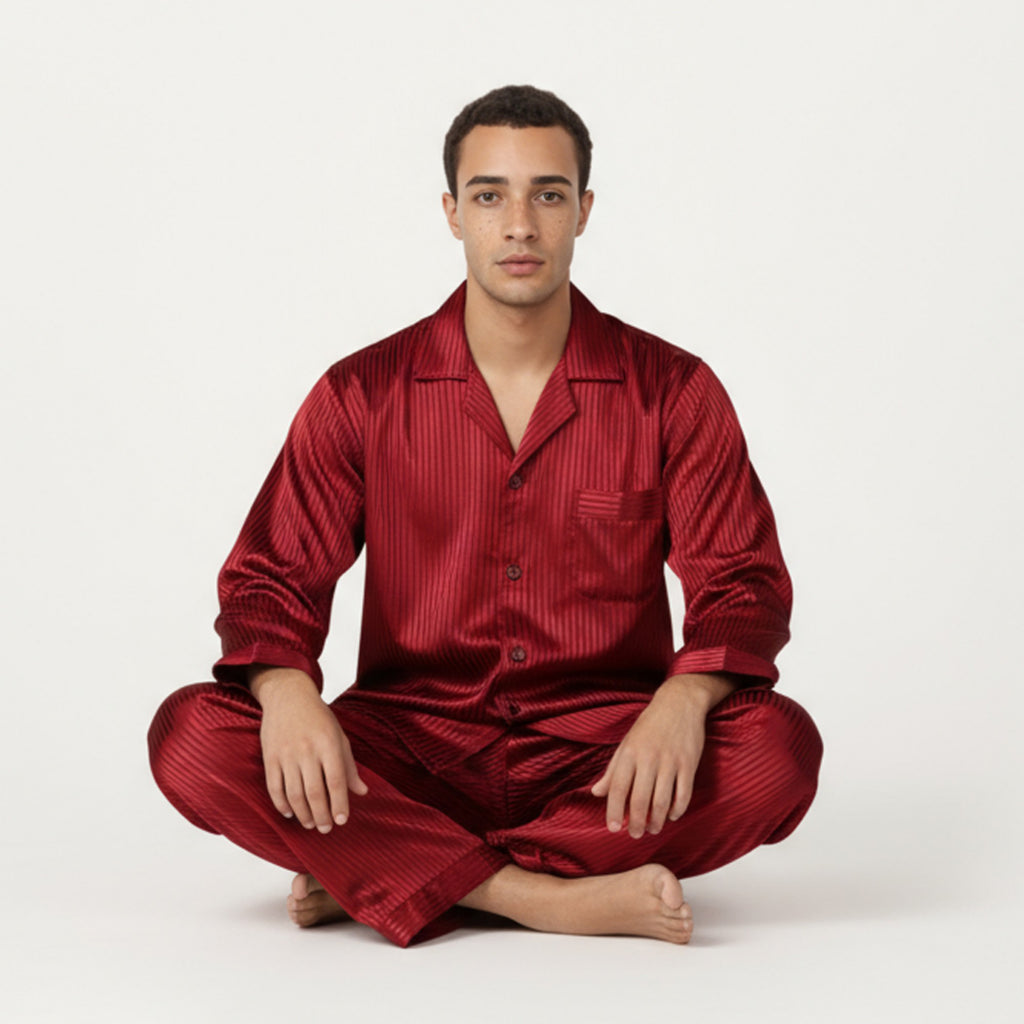 Anna-Kaci Men's 2-Piece Set Satin Pajamas with Subtle Stripe Pattern and Button-Up Top