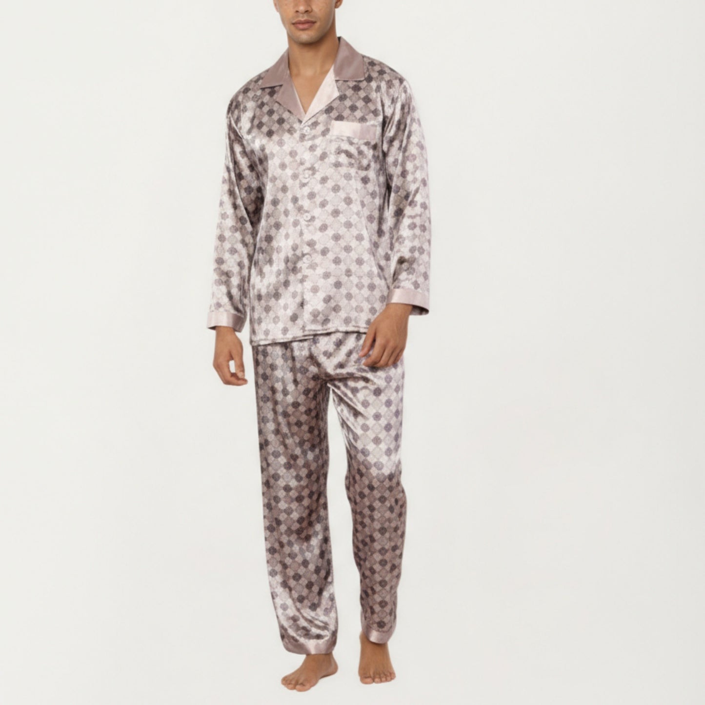 Anna-Kaci Men's 2-Piece Set Satin Pajamas with Geometric Check Print and Contrast Trim Details