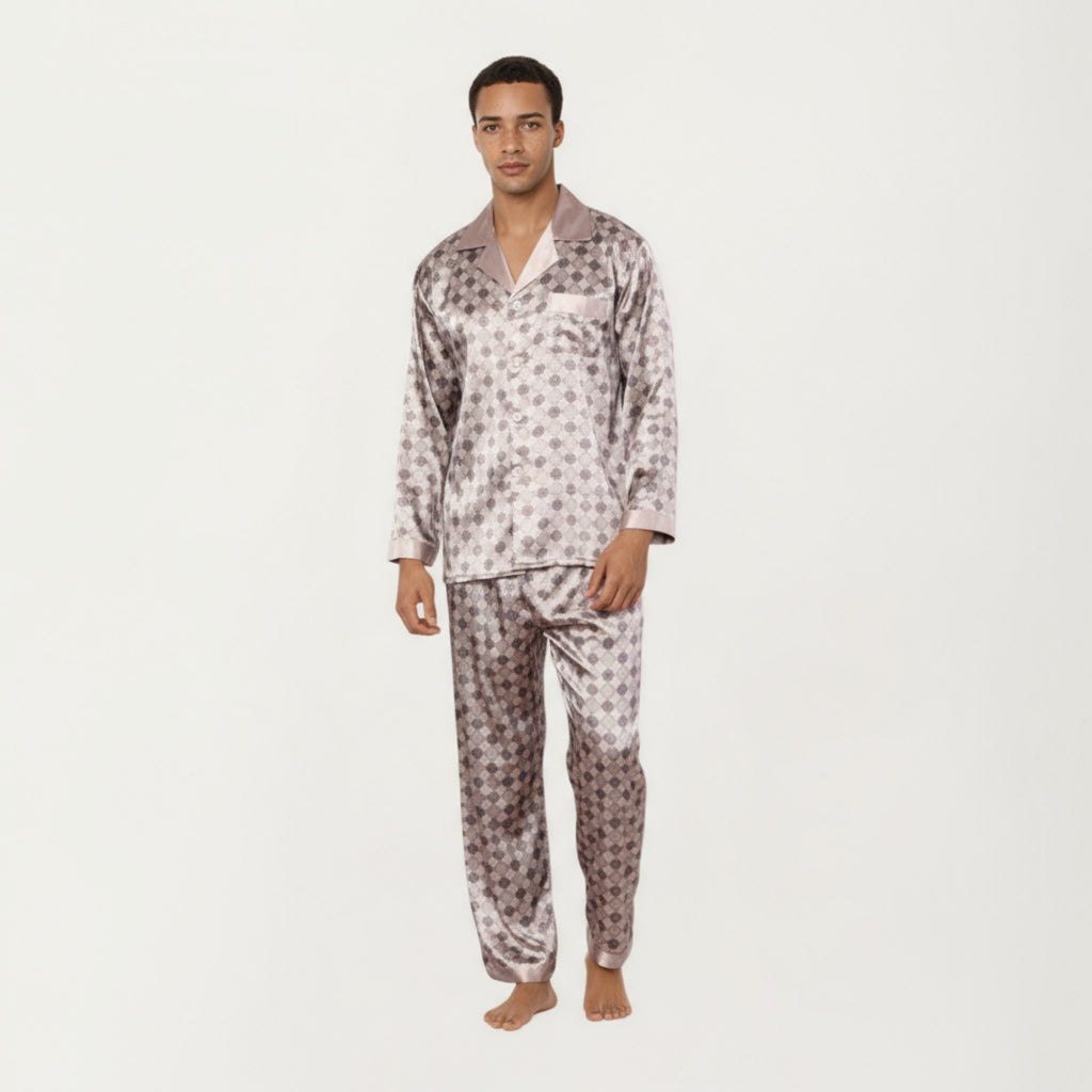 Anna-Kaci Men's 2-Piece Set Satin Pajamas with Geometric Check Print and Contrast Trim Details