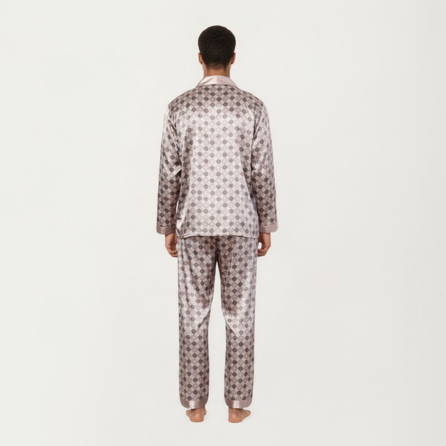 Anna-Kaci Men's 2-Piece Set Satin Pajamas with Geometric Check Print and Contrast Trim Details