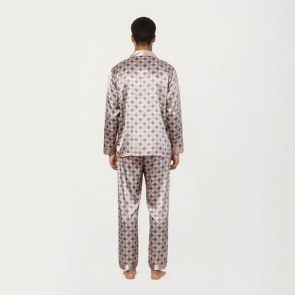 Anna-Kaci Men's 2-Piece Set Satin Pajamas with Geometric Check Print and Contrast Trim Details