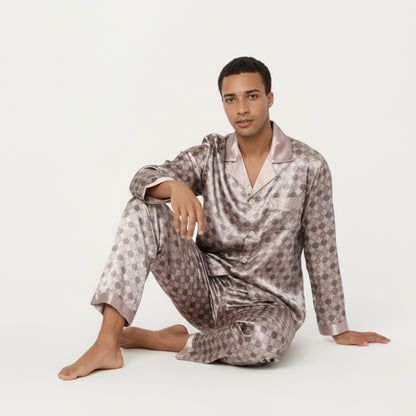 Anna-Kaci Men's 2-Piece Set Satin Pajamas with Geometric Check Print and Contrast Trim Details