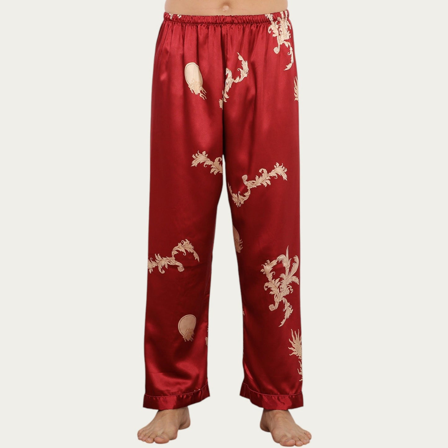 Anna-Kaci Men's Satin Lounge Pants with Baroque Print and Elastic Waistband
