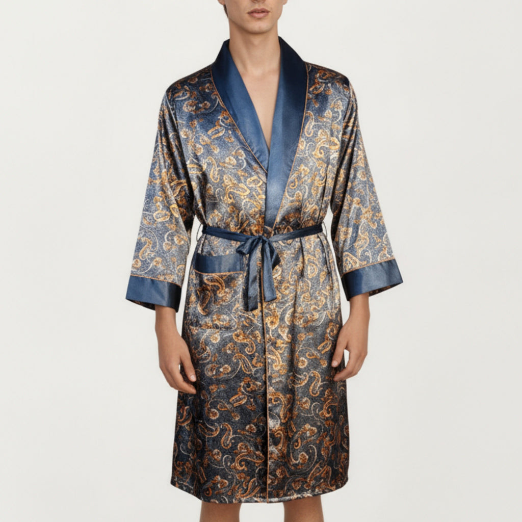 Anna-Kaci Men's Paisley Print Satin Robe with Contrast Shawl Collar and Waist Tie Belt
