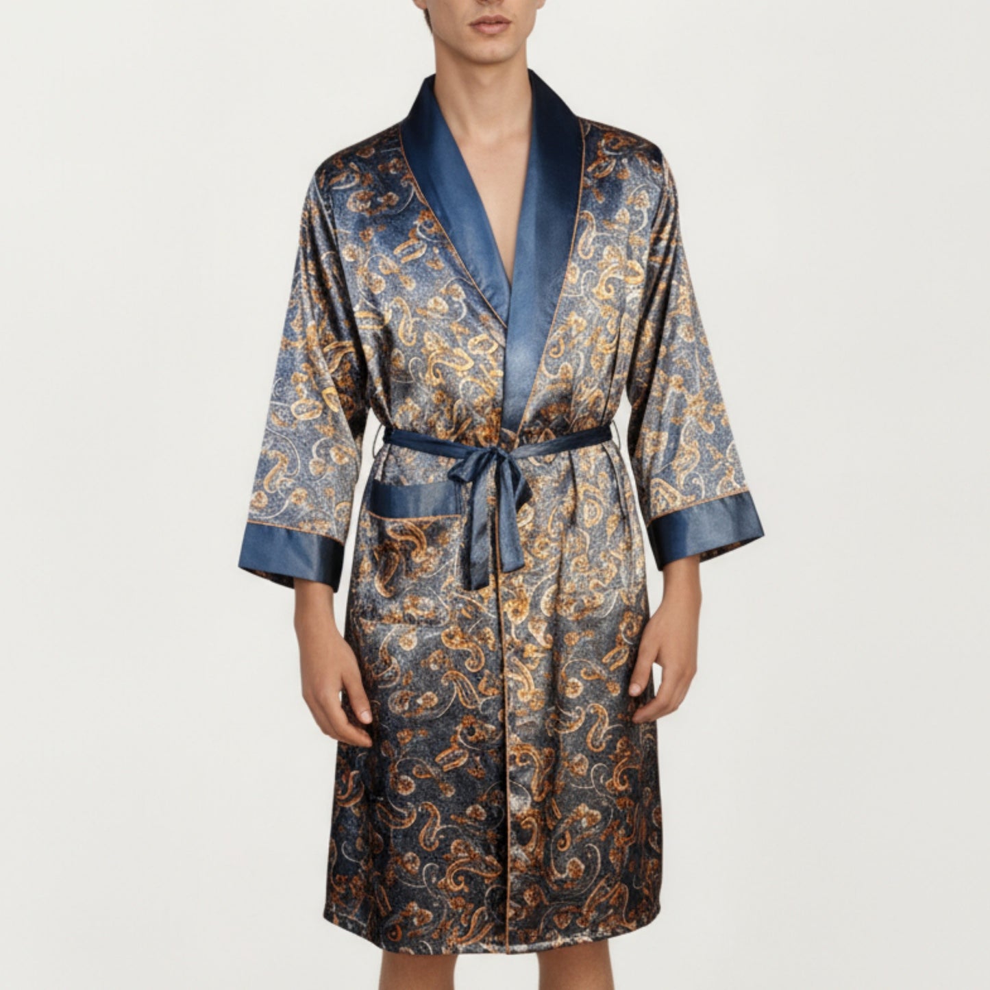 Anna-Kaci Men's Paisley Print Satin Robe with Contrast Shawl Collar and Waist Tie Belt
