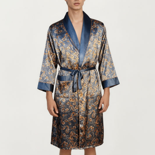 Anna-Kaci Men's Paisley Print Satin Robe with Contrast Shawl Collar and Waist Tie Belt
