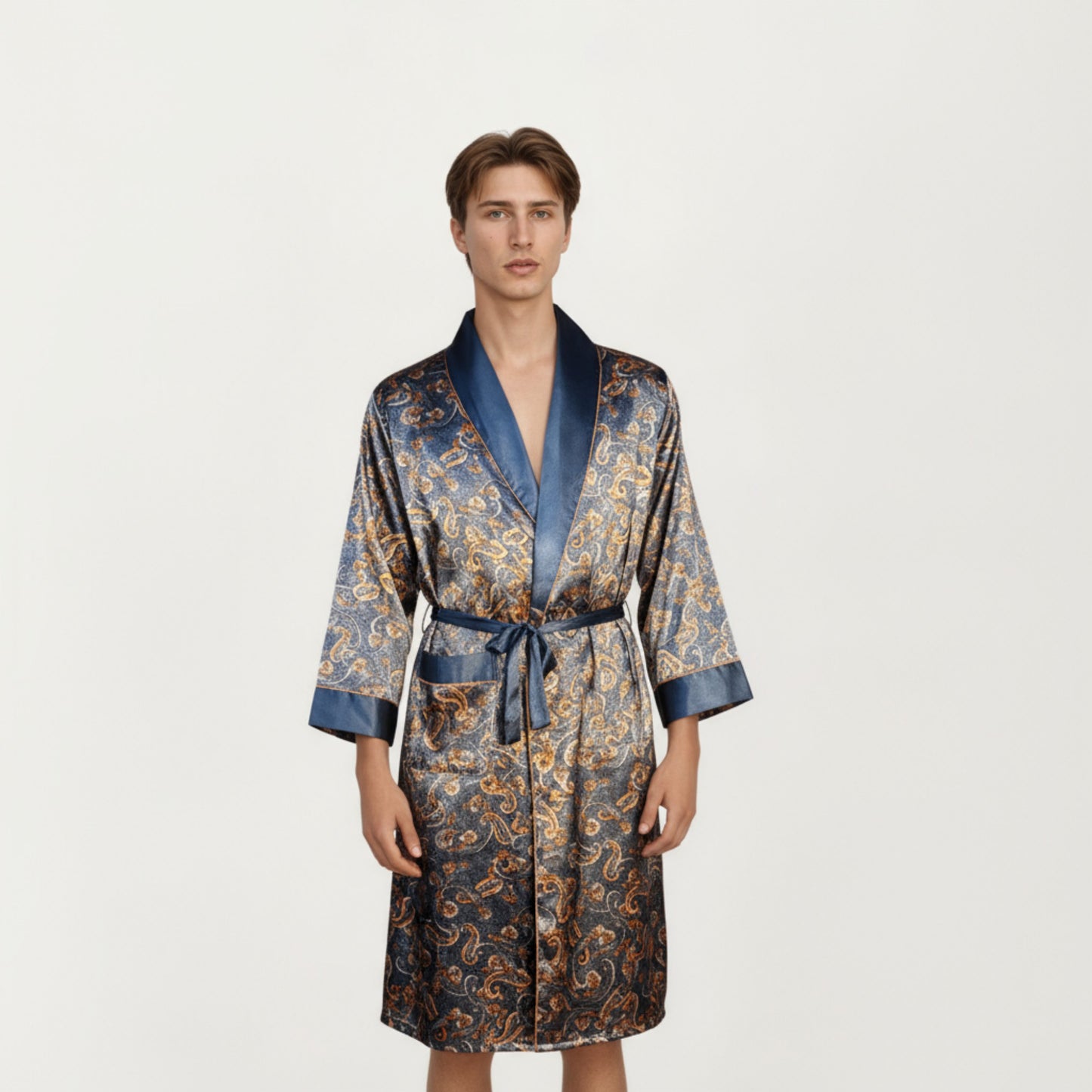 Anna-Kaci Men's Paisley Print Satin Robe with Contrast Shawl Collar and Waist Tie Belt