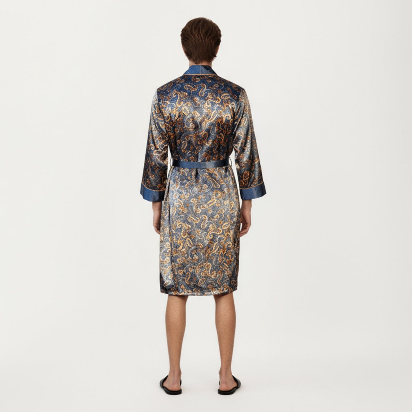 Anna-Kaci Men's Paisley Print Satin Robe with Contrast Shawl Collar and Waist Tie Belt