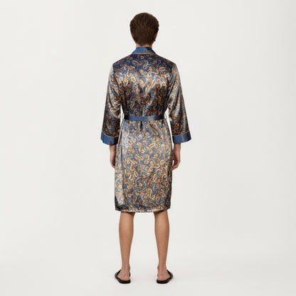 Anna-Kaci Men's Paisley Print Satin Robe with Contrast Shawl Collar and Waist Tie Belt