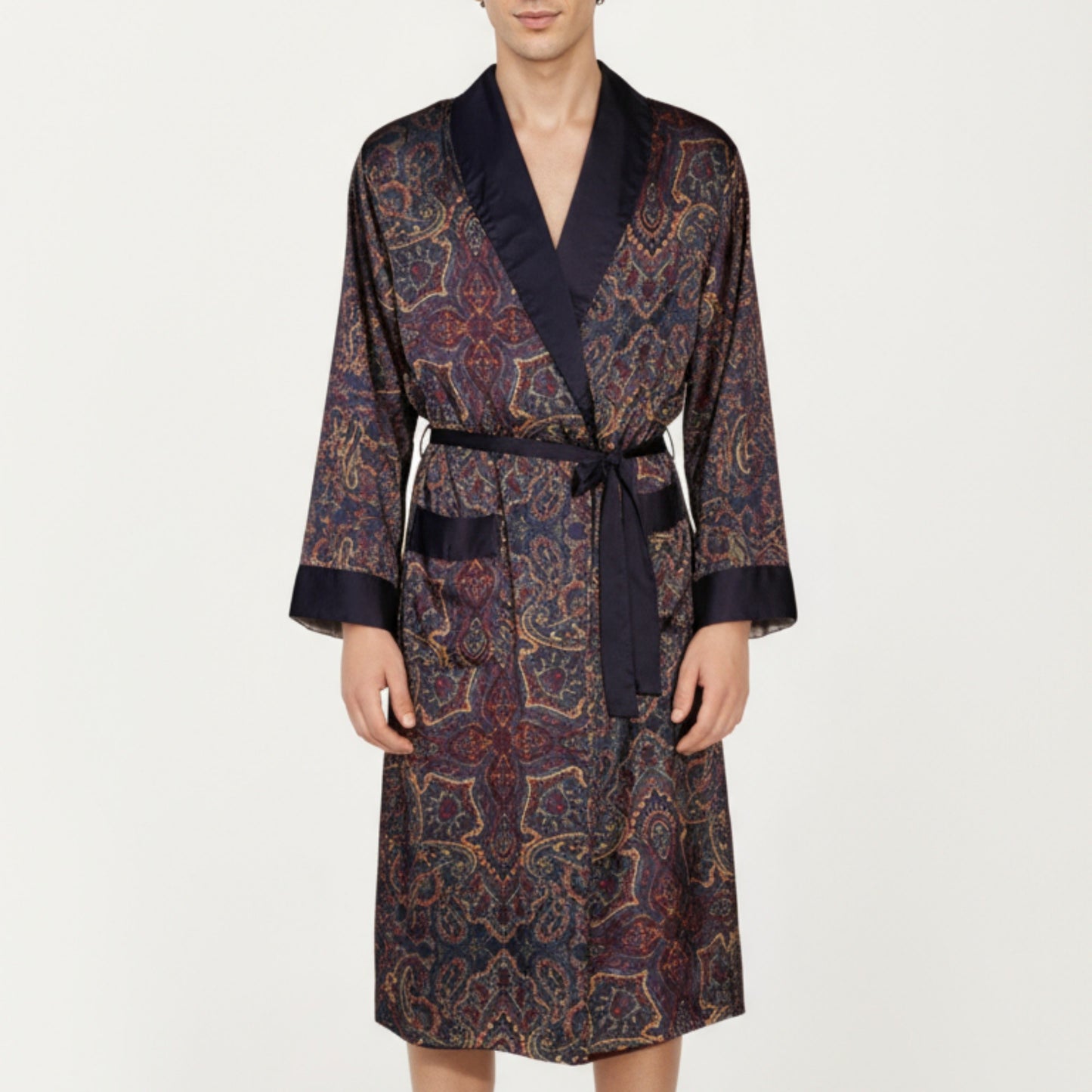 Anna-Kaci Men's Paisley Print Satin Robe with Contrast Trim Shawl Collar and Waist Tie