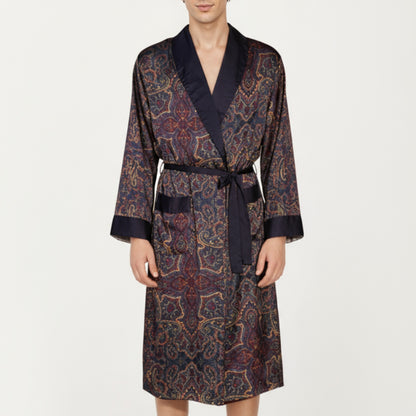 Anna-Kaci Men's Paisley Print Satin Robe with Contrast Trim Shawl Collar and Waist Tie