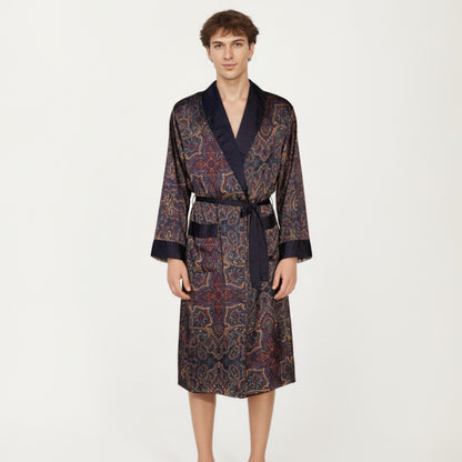 Anna-Kaci Men's Paisley Print Satin Robe with Contrast Trim Shawl Collar and Waist Tie