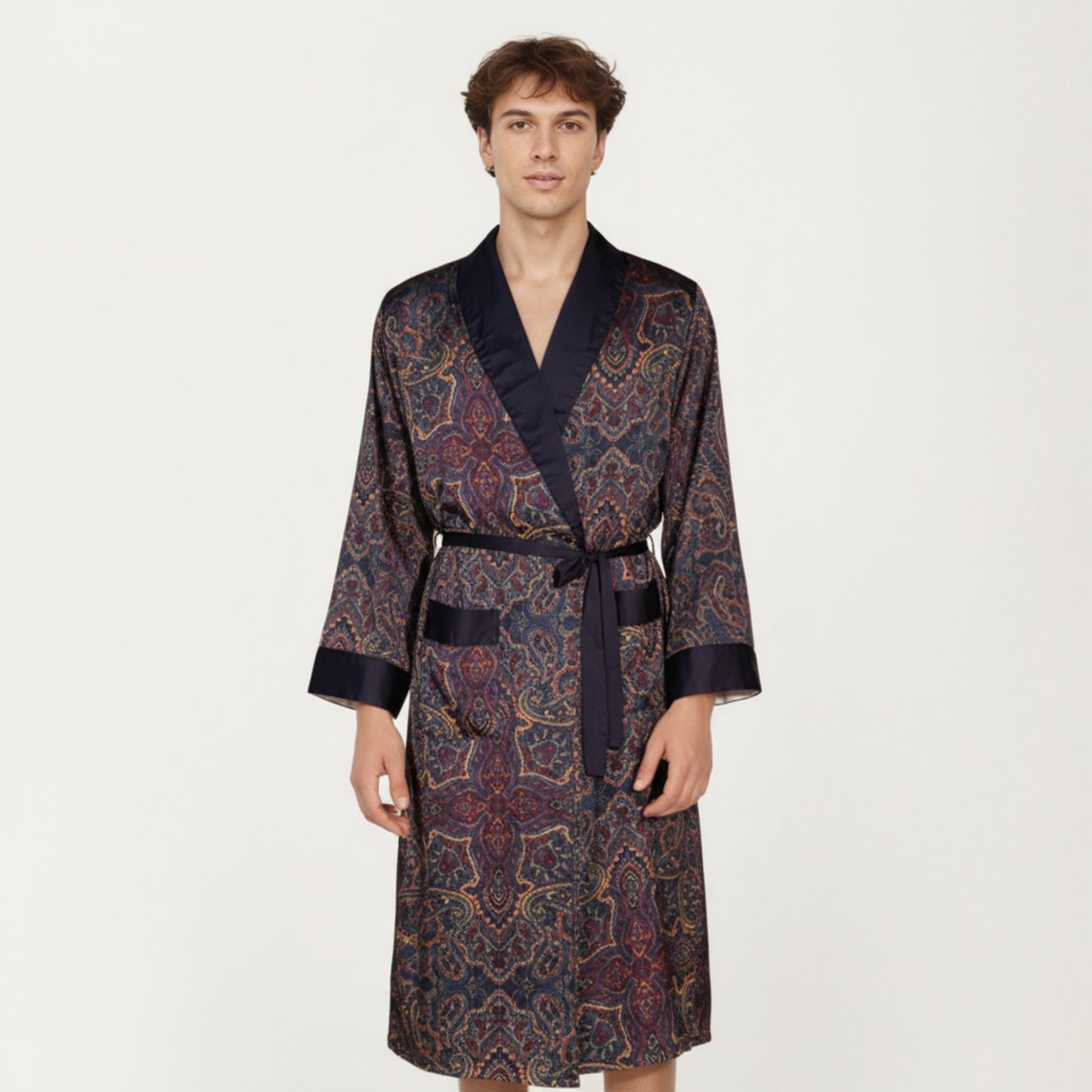 Anna-Kaci Men's Paisley Print Satin Robe with Contrast Trim Shawl Collar and Waist Tie