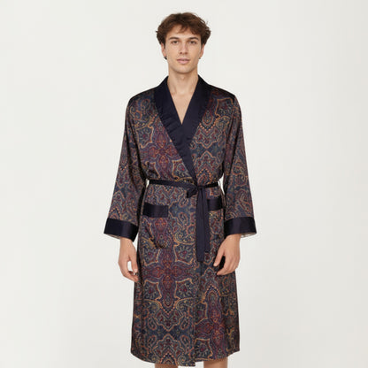 Anna-Kaci Men's Paisley Print Satin Robe with Contrast Trim Shawl Collar and Waist Tie