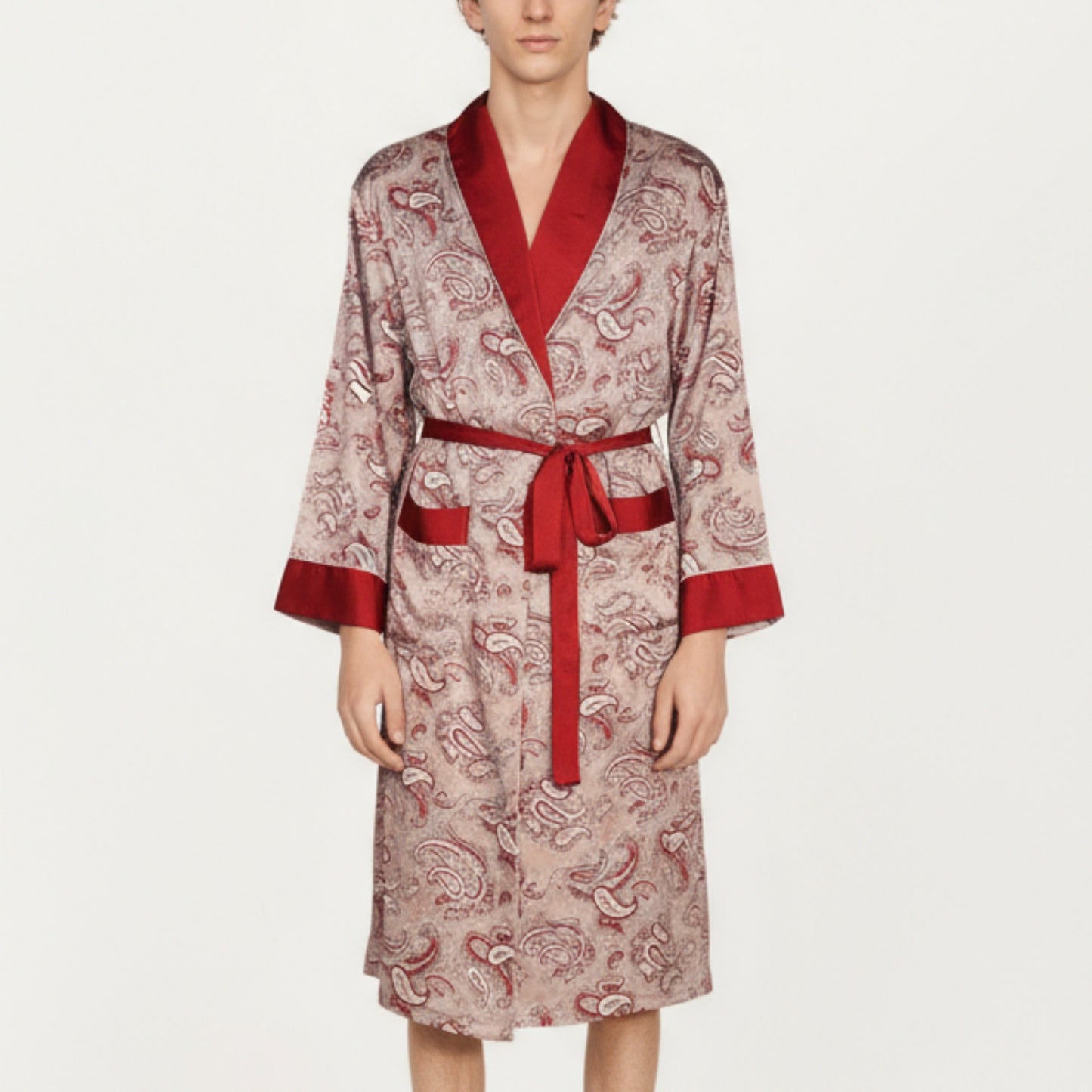 Anna-Kaci Men's Paisley Print Satin Robe with Contrast Trim Shawl Collar and Waist Tie
