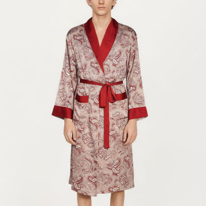 Anna-Kaci Men's Paisley Print Satin Robe with Contrast Trim Shawl Collar and Waist Tie