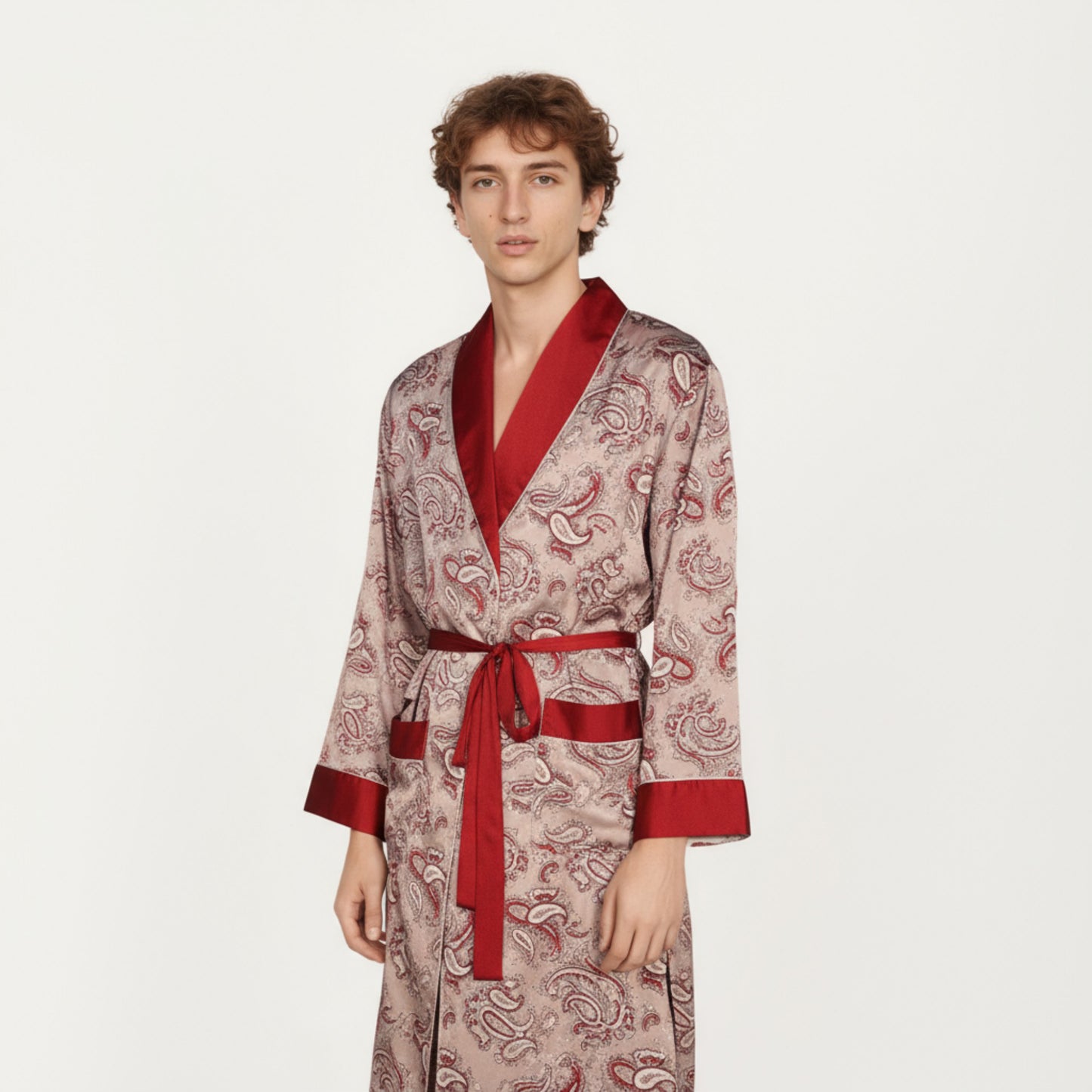 Anna-Kaci Men's Paisley Print Satin Robe with Contrast Trim Shawl Collar and Waist Tie
