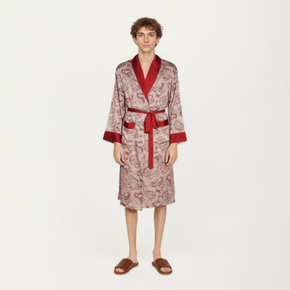 Anna-Kaci Men's Paisley Print Satin Robe with Contrast Trim Shawl Collar and Waist Tie