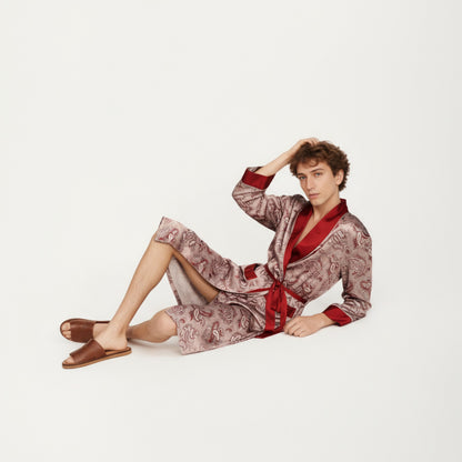 Anna-Kaci Men's Paisley Print Satin Robe with Contrast Trim Shawl Collar and Waist Tie