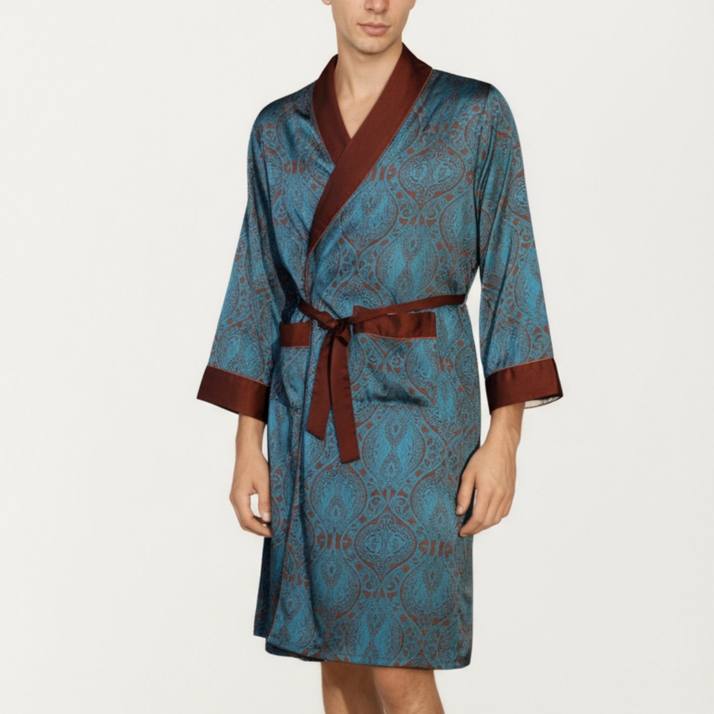 Anna-Kaci Men's Paisley Print Satin Robe with Contrast Trim Shawl Collar and Waist Tie