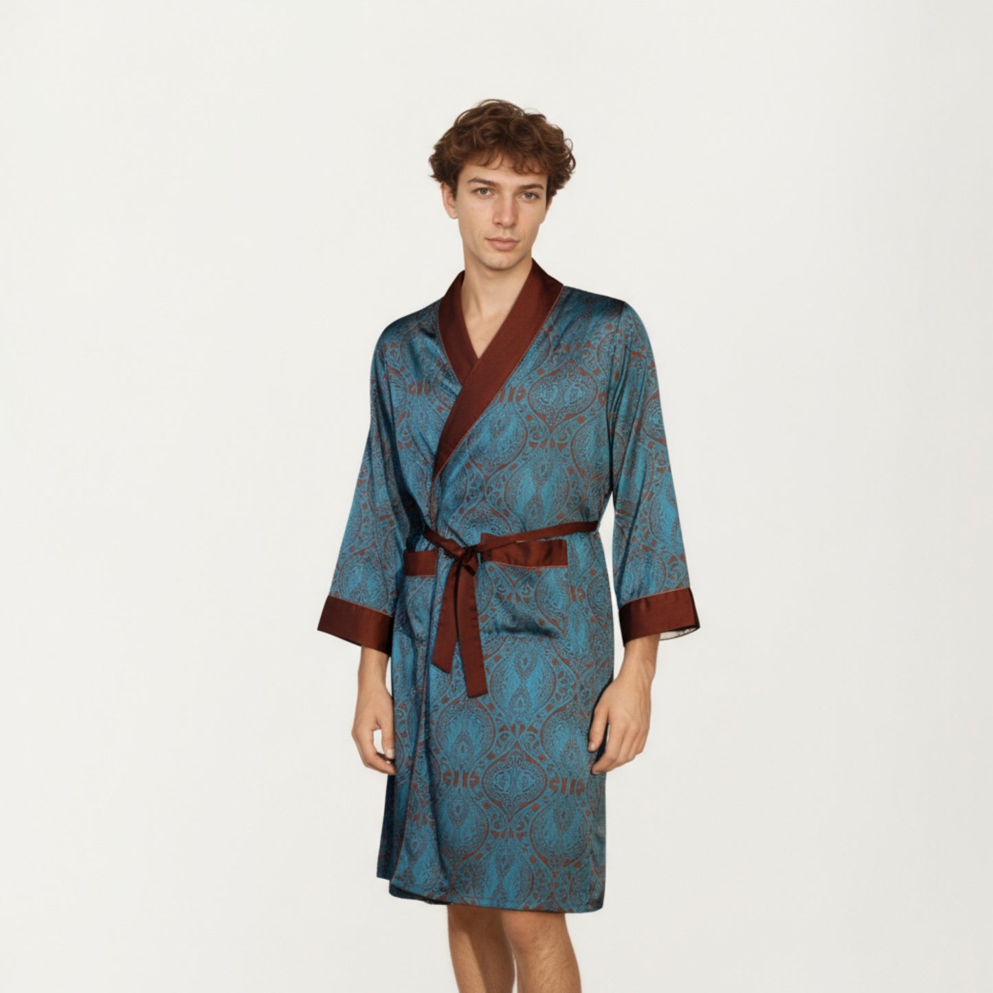 Anna-Kaci Men's Paisley Print Satin Robe with Contrast Trim Shawl Collar and Waist Tie