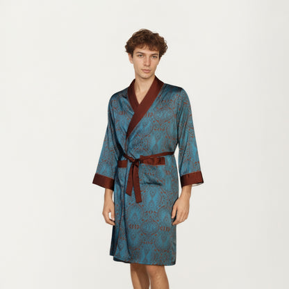 Anna-Kaci Men's Paisley Print Satin Robe with Contrast Trim Shawl Collar and Waist Tie