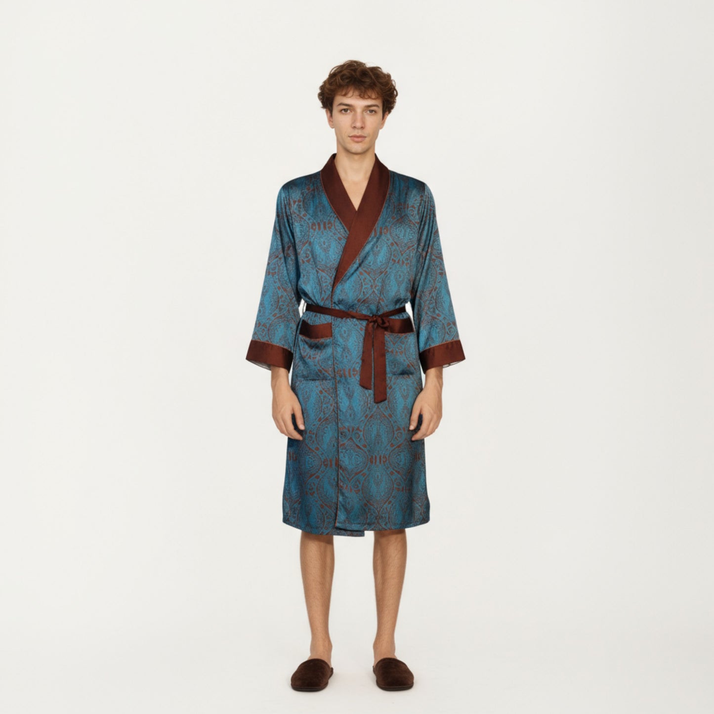 Anna-Kaci Men's Paisley Print Satin Robe with Contrast Trim Shawl Collar and Waist Tie