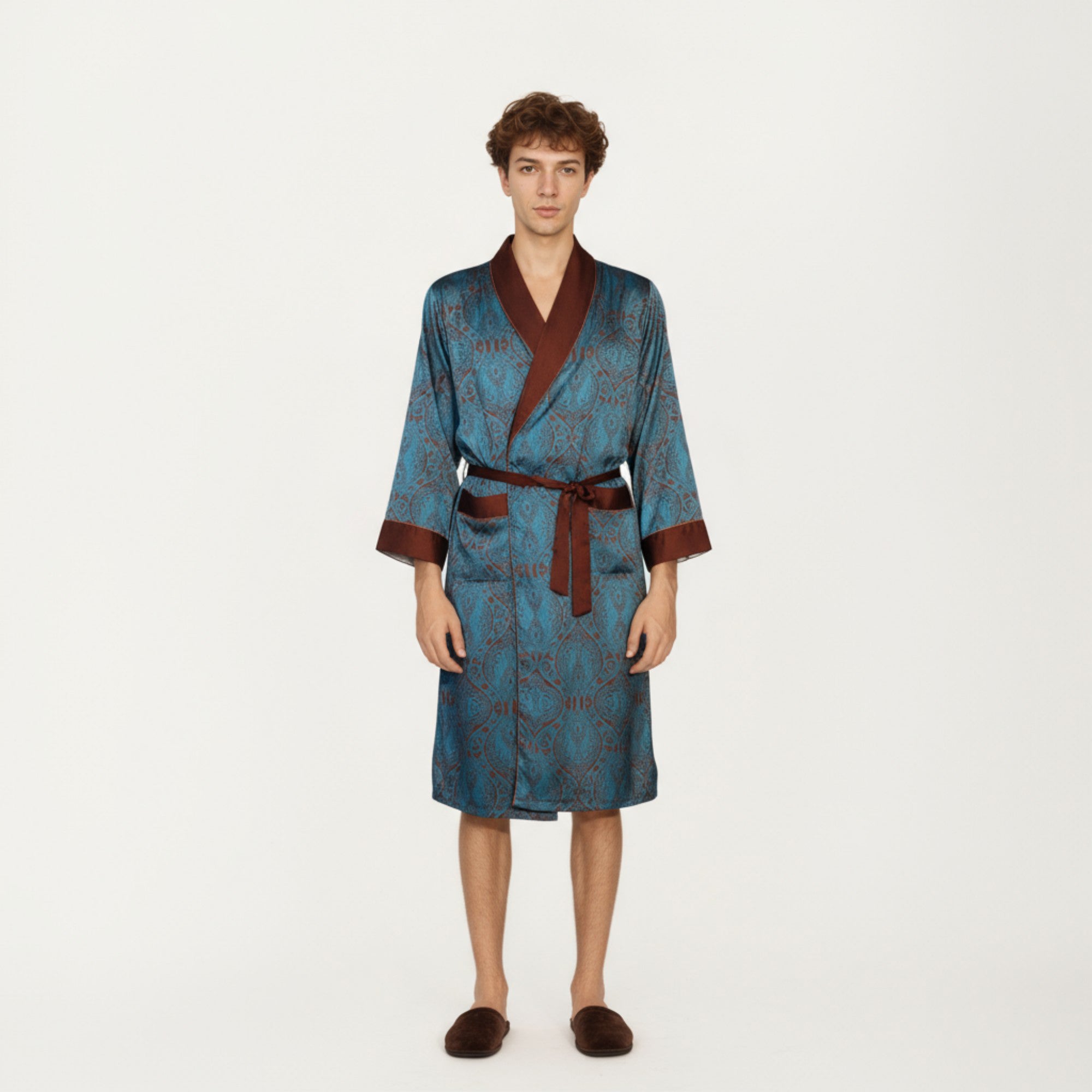 Anna-Kaci Men's Paisley Print Satin Robe with Contrast Trim Shawl Collar and Waist Tie