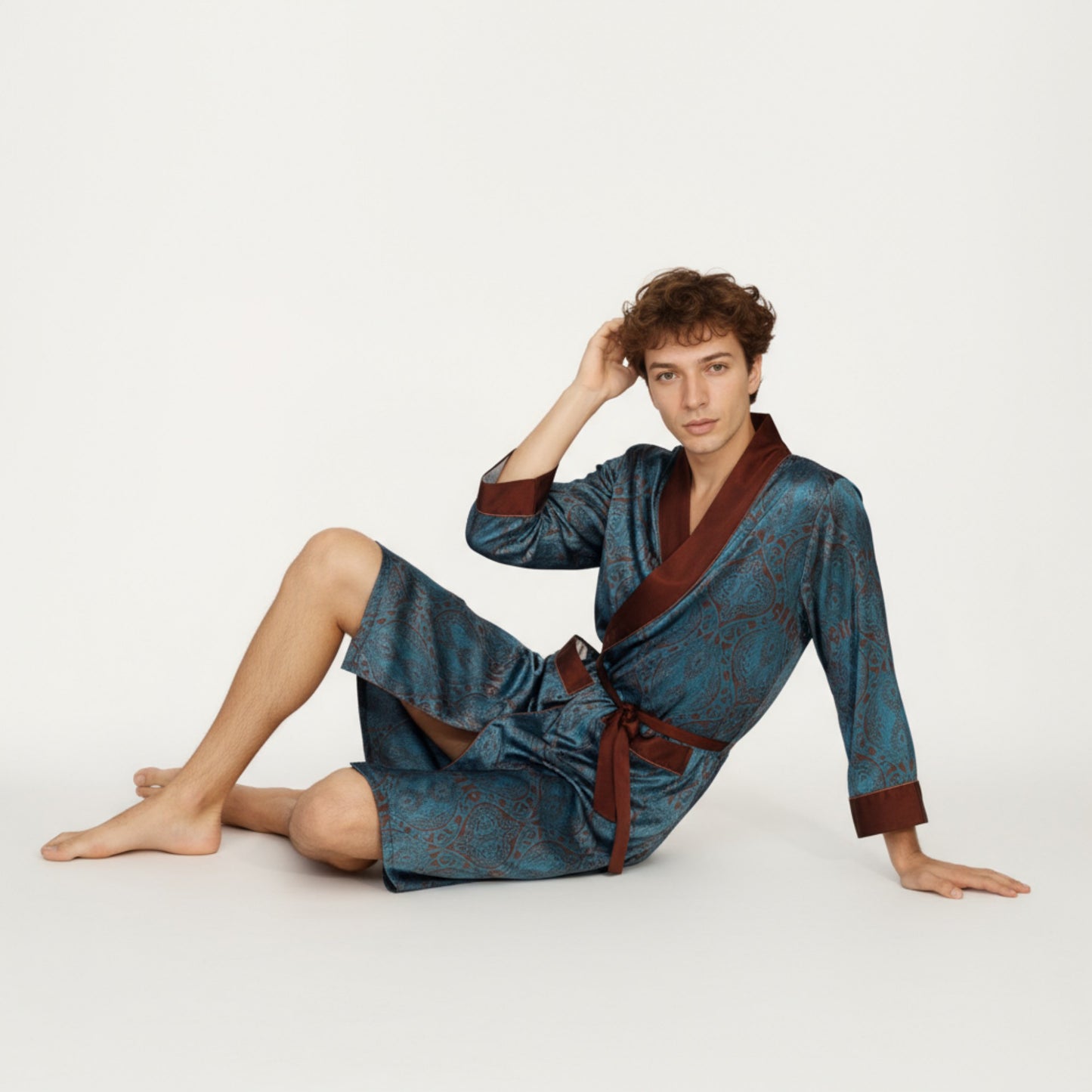 Anna-Kaci Men's Paisley Print Satin Robe with Contrast Trim Shawl Collar and Waist Tie
