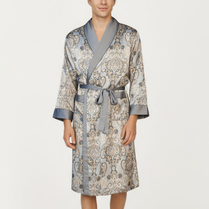Anna-Kaci Men's Paisley Print Satin Robe with Contrast Trim Shawl Collar and Waist Tie