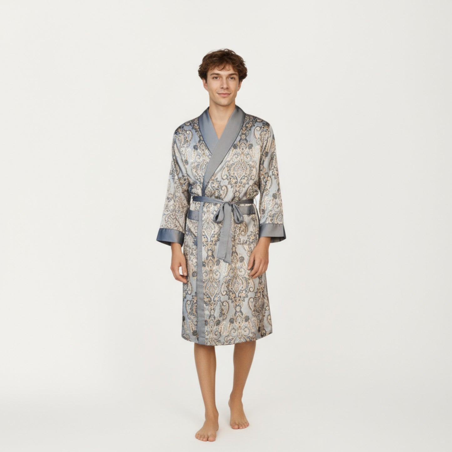 Anna-Kaci Men's Paisley Print Satin Robe with Contrast Trim Shawl Collar and Waist Tie