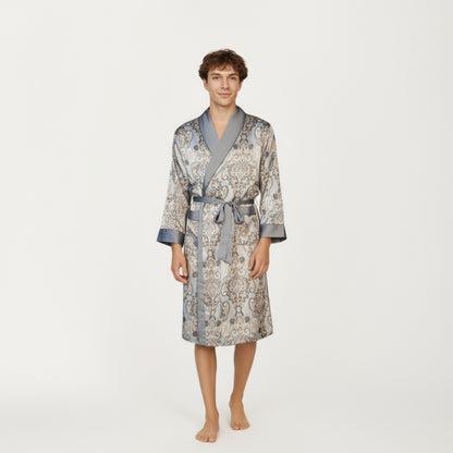 Anna-Kaci Men's Paisley Print Satin Robe with Contrast Trim Shawl Collar and Waist Tie