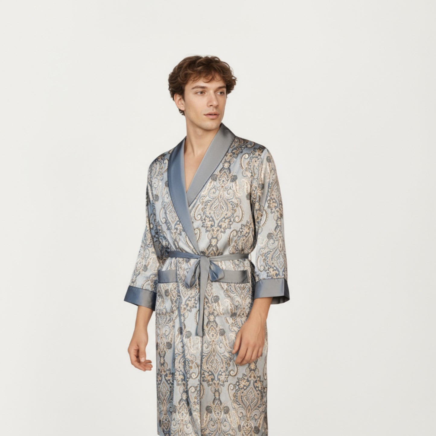 Anna-Kaci Men's Paisley Print Satin Robe with Contrast Trim Shawl Collar and Waist Tie