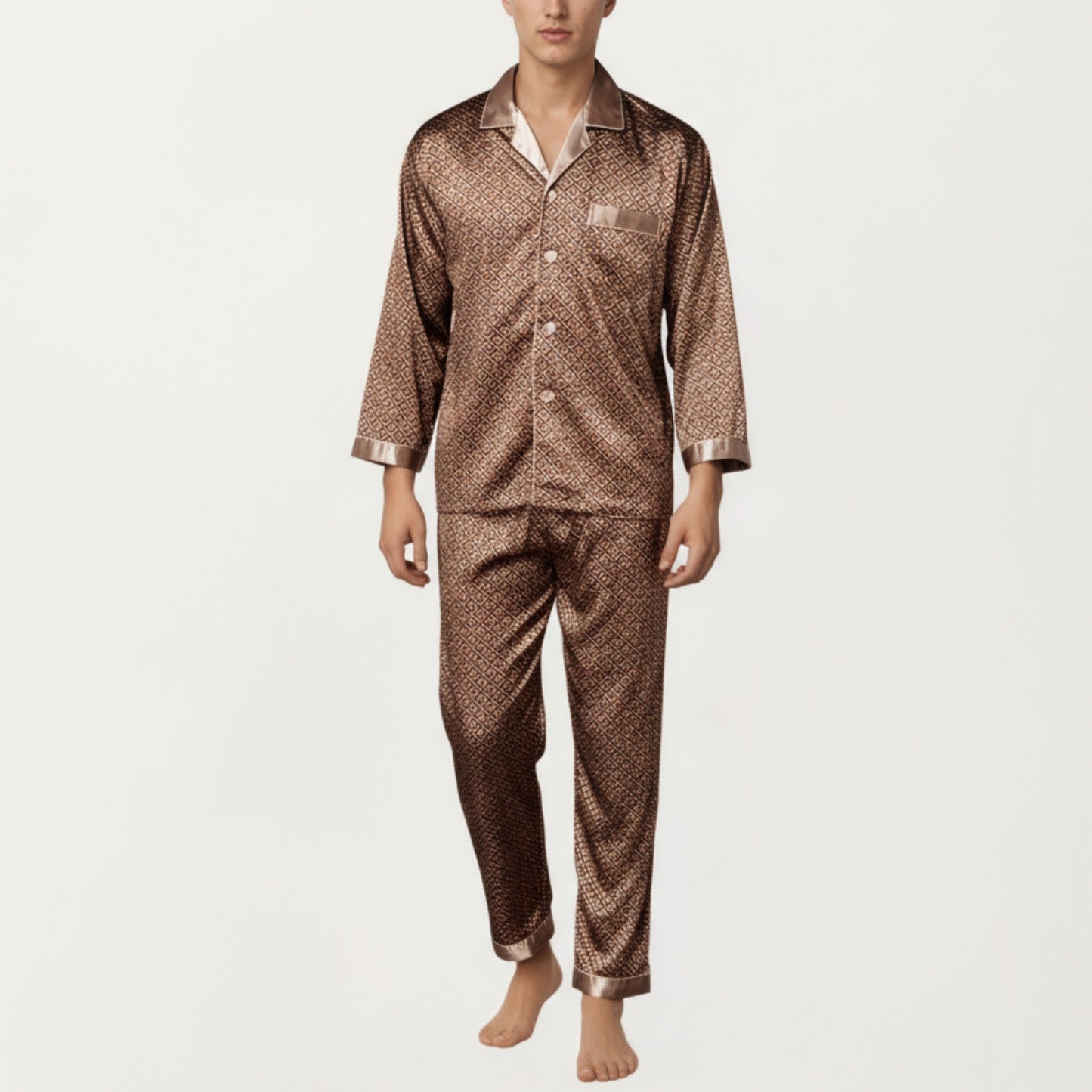 Anna-Kaci Men's 2-Piece Set Satin Pajamas with Geometric Print Button-Up Top and Matching Pants