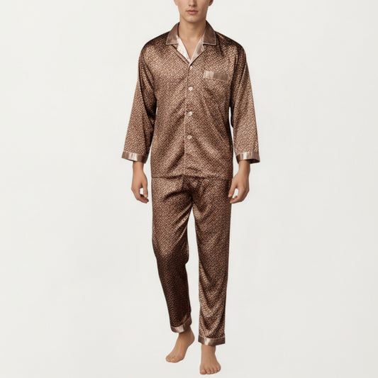 Anna-Kaci Men's 2-Piece Set Satin Pajamas with Geometric Print Button-Up Top and Matching Pants