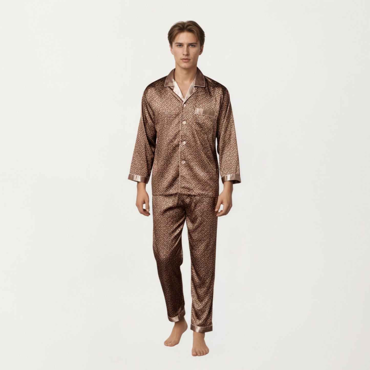 Anna-Kaci Men's 2-Piece Set Satin Pajamas with Geometric Print Button-Up Top and Matching Pants