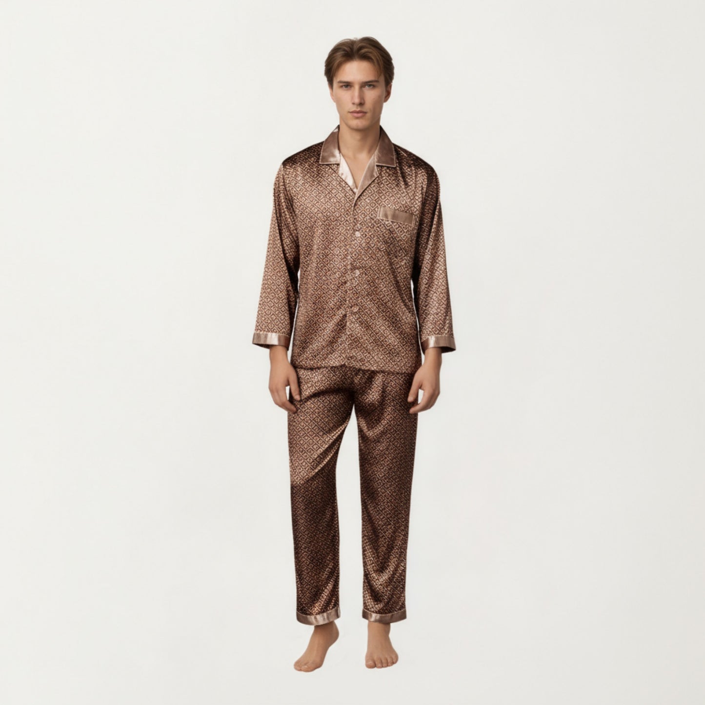 Anna-Kaci Men's 2-Piece Set Satin Pajamas with Geometric Print Button-Up Top and Matching Pants