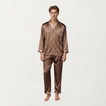 Anna-Kaci Men's 2-Piece Set Satin Pajamas with Geometric Print Button-Up Top and Matching Pants