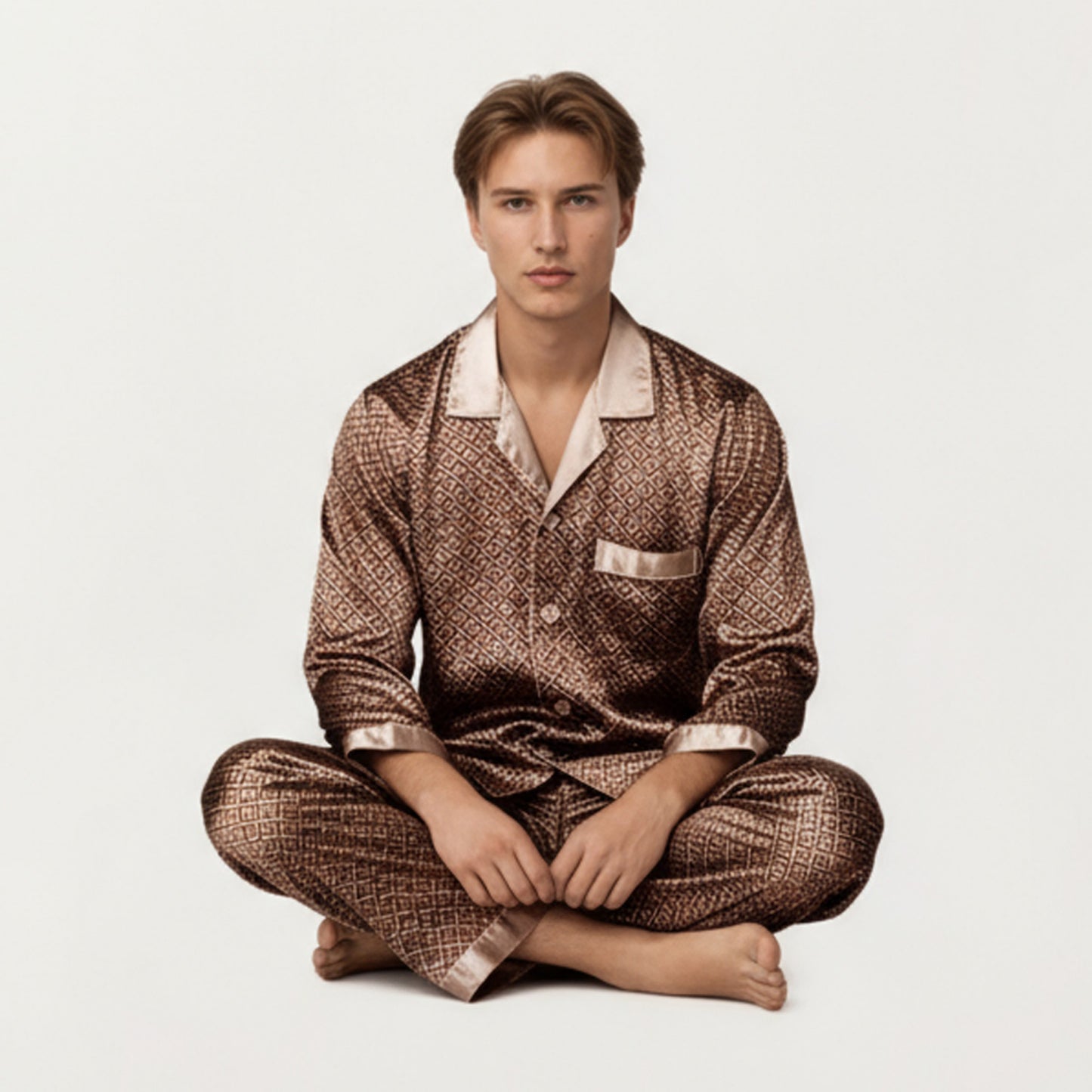 Anna-Kaci Men's 2-Piece Set Satin Pajamas with Geometric Print Button-Up Top and Matching Pants