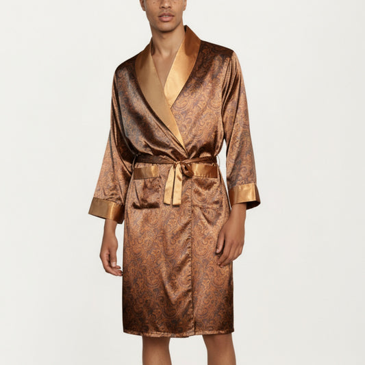 Anna-Kaci Men's Paisley Print Satin Robe with Contrast Shawl Collar and Waist Tie
